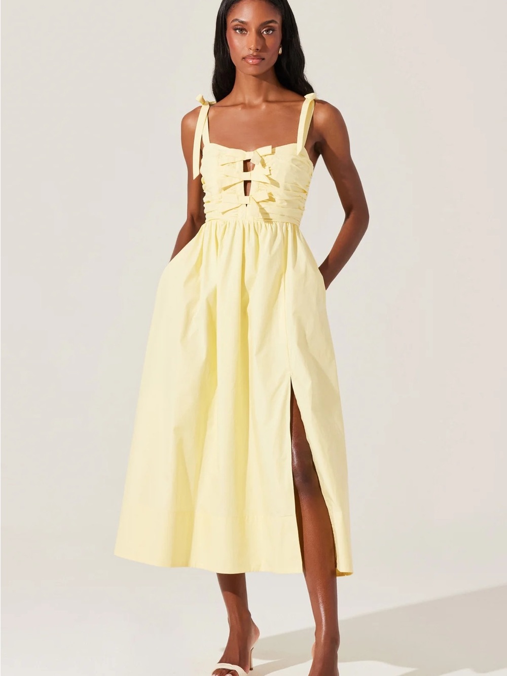 Astr Yellow Tie-Shoulder Midi Dress with Front Cutouts